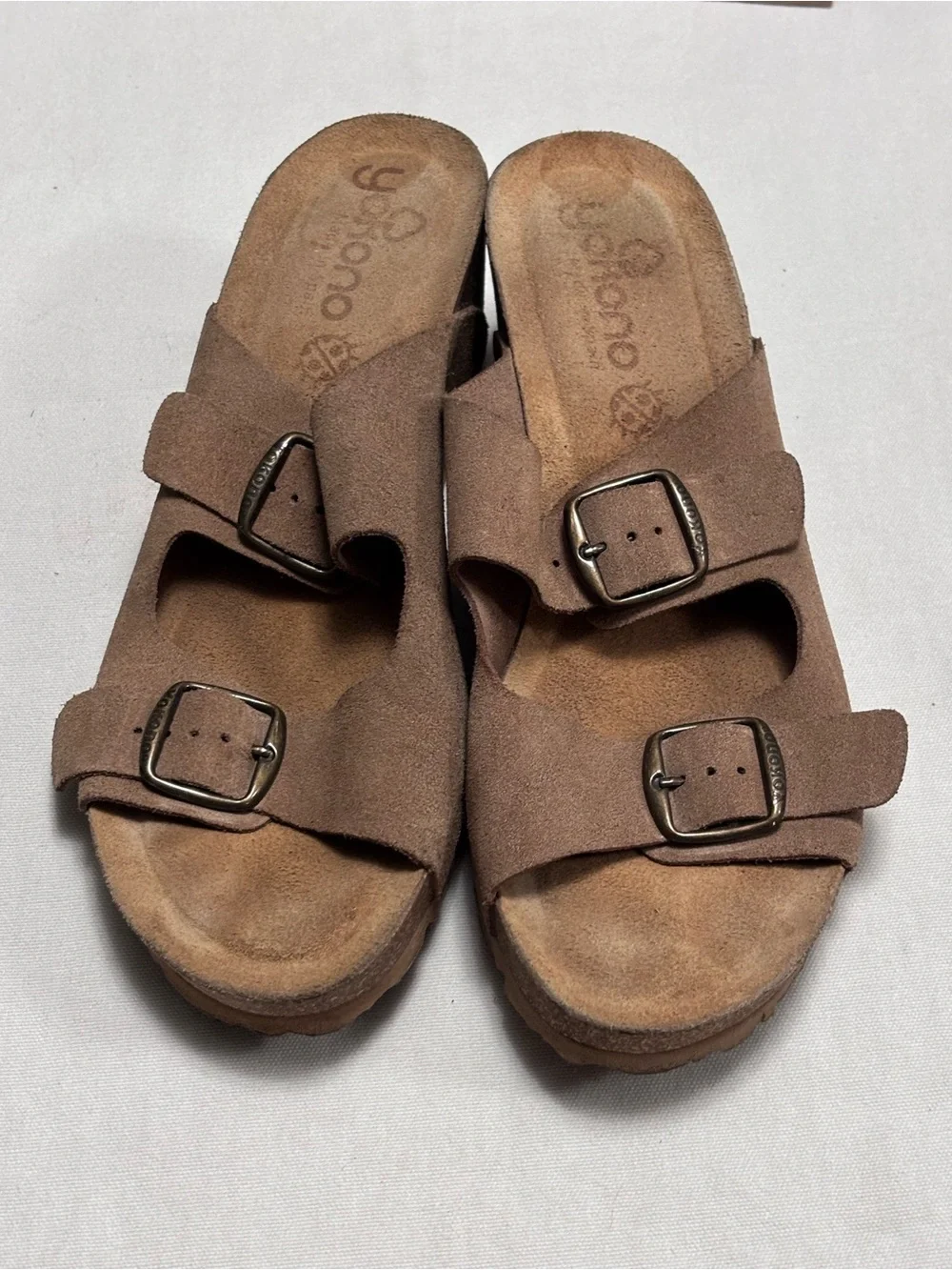 Yokono Brown Suede Double-Buckle Slide Sandals size 8